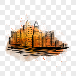 橙色喷溅笔刷水彩城市街景图片