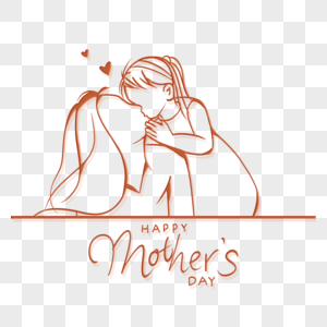 红色线条亲吻母亲女孩抽象线稿母亲节形象图片