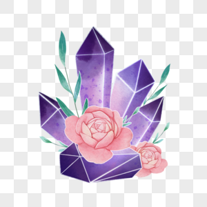 水彩紫色水晶与花图片