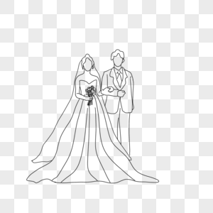 新婚夫妇婚礼黑白涂鸦线条画高清图片