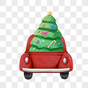 圣诞节汽车和圣诞树水彩图片