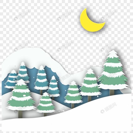 冬季森林剪纸松树月亮山图片