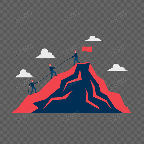 爬山运动概念插画三人合作攀爬到山顶图片