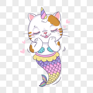 猫美人鱼撒娇可爱水彩画图片