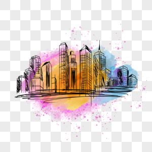 手绘喷溅笔刷彩色水彩城市街景图片