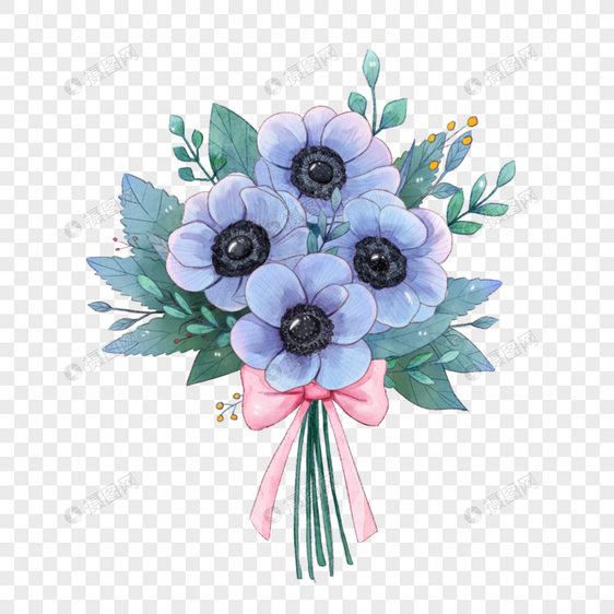 水彩蓝色银莲花花束图片