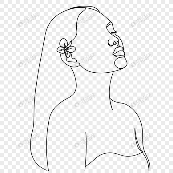 女生耳后花朵长发线条画抽象图片