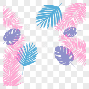 蓝粉色水彩龟背竹棕榈树边框图片