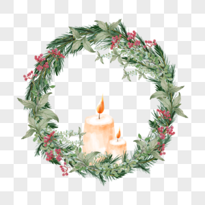 圣诞水彩蜡烛树枝花环图片