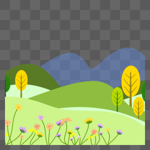 山脉树木和青草春季花卉风景图片
