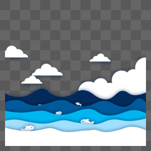 剪纸云朵和蓝色卡通海洋图片
