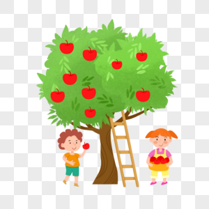 卡通人物小女孩小男孩爬梯子摘苹果高清图片