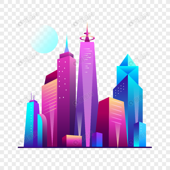 赛博朋克风格科幻城市高塔建筑夜景插画图片