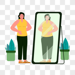 人物自卑插画照镜子的胖女孩图片