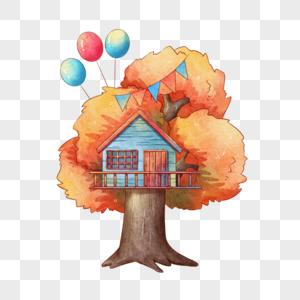 树屋和气球水彩图片