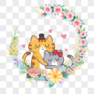 可爱小猫动物情侣彩色花卉花环高清图片
