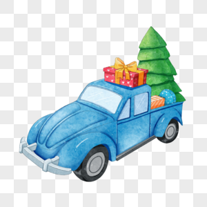 圣诞节蓝色卡车和礼盒水彩图片