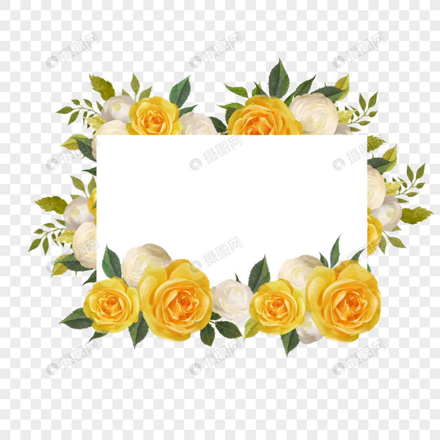 黄玫瑰边框水彩婚礼复古植物图片