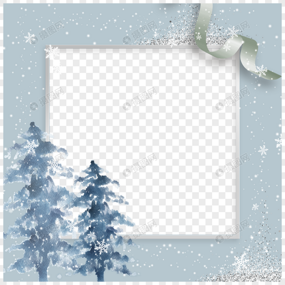蓝色水彩圣诞树冬季植物边框图片
