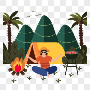 夏季露营篝火帐篷和树林图片