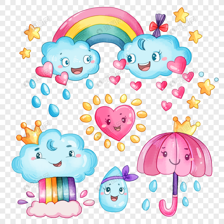 雨天彩虹卡通水彩画图片