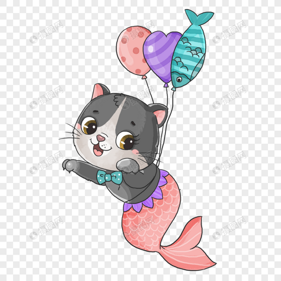 猫美人鱼玩气球卡通水彩画图片
