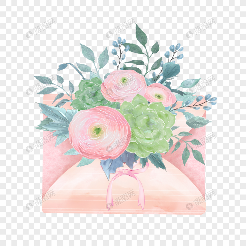 信封水彩花卉植物粉色图片