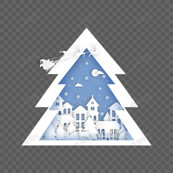 圣诞松树城市建筑冬季剪纸图片