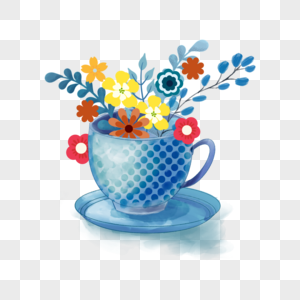 茶杯蓝色波点花艺下午茶水彩图片