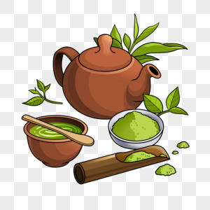 抹茶茶具用品插画风格棕色图片