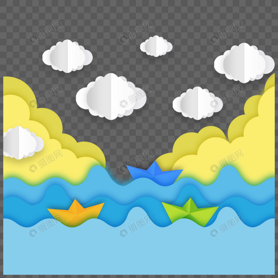 剪纸云朵和彩色海洋海浪图片