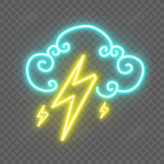 卡通风格雷雨天气标志霓虹灯效果蓝色黄色发光云朵闪电图片