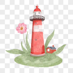 水彩灯塔与粉色花朵图片
