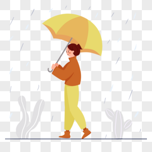 拿着黄色雨伞的女孩雨中打伞插画图片