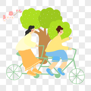春季郊游插画骑双人自行车人物图片