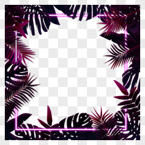 水彩霓虹棕榈叶龟背竹边框图片