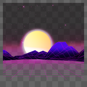 紫色立体山峰黄色圆月抽象科技光效图片