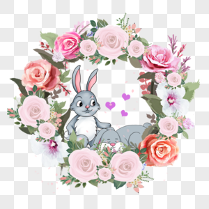 可爱动物情侣小灰兔的花卉花环高清图片