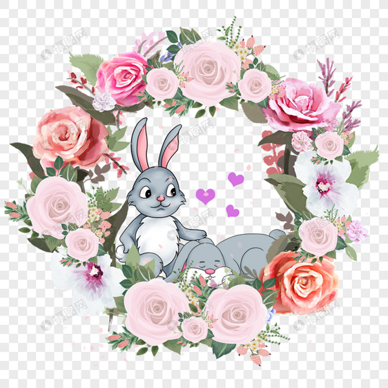 可爱动物情侣小灰兔的花卉花环图片