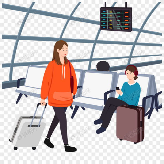 机场大厅乘客候机插画图片