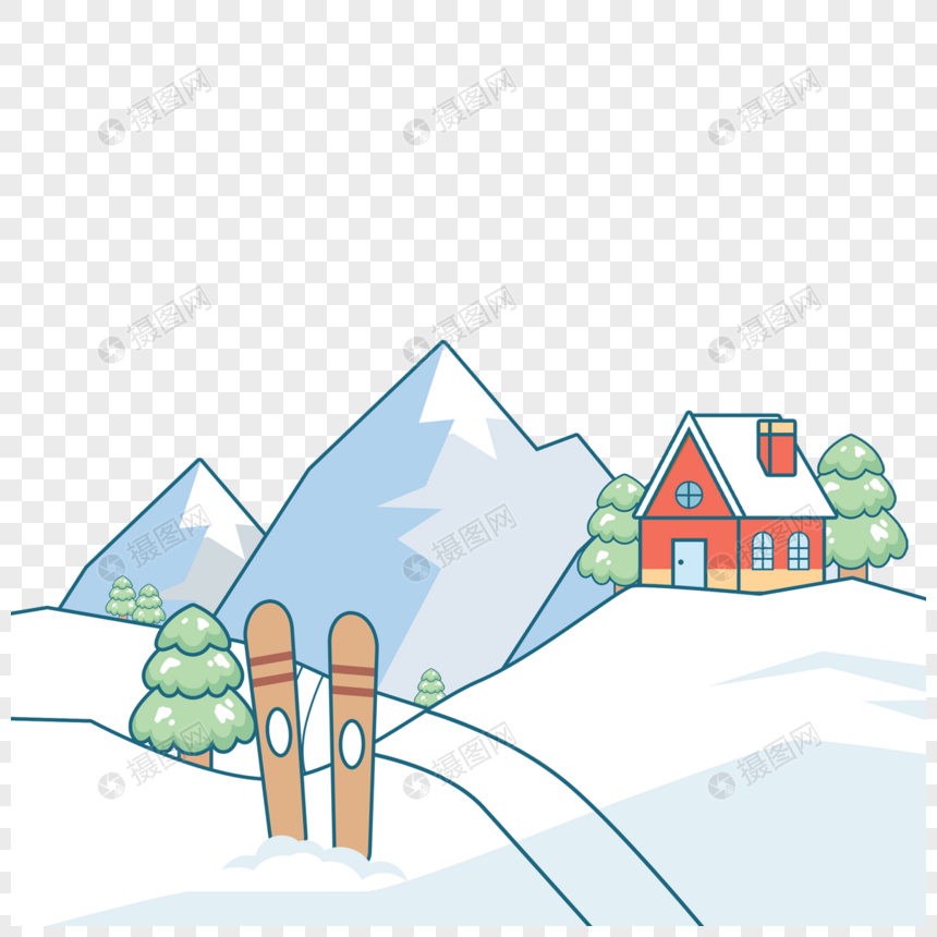 冬季滑雪卡通房子场景图片