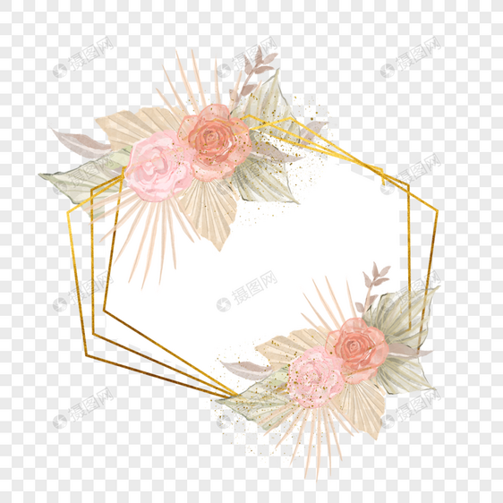 温馨水彩干扇棕榈叶婚礼边框图片