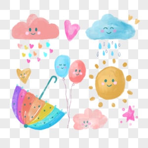 水彩婴儿可爱卡通天气太阳彩色雨伞图片