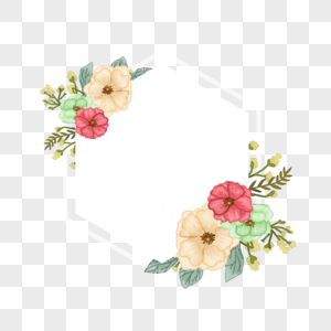 六边形水彩银莲花花卉婚礼边框图片