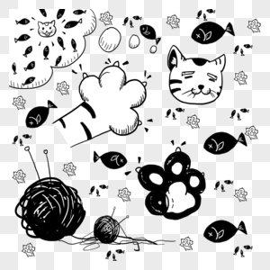 猫猫幻想小鱼干毛线球黑白涂鸦图片