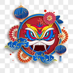 农历春节舞狮边框庆祝蓝色图片