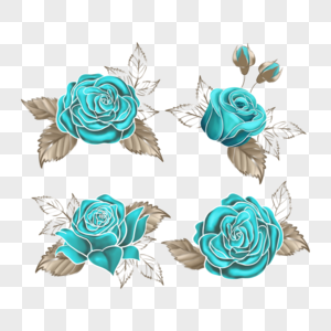 蓝色玫瑰花朵与白金叶子组图图片