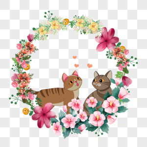 可爱情侣棕色猫的花卉花环高清图片