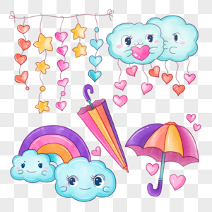 雨天风铃彩虹卡通水彩画高清图片
