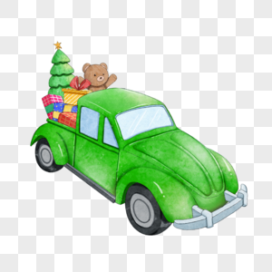 圣诞节绿色汽车和礼物水彩图片